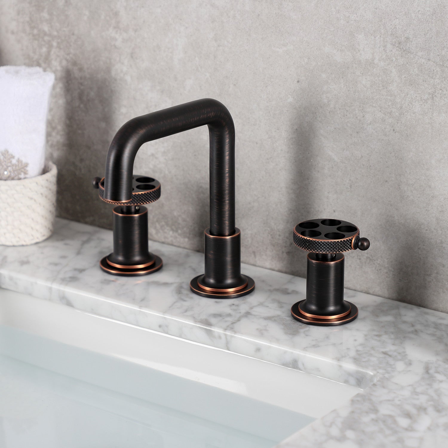 Kingston Sona KS142RKXNB - Webb Two-Handle 3-Hole Deck Mount Widespread Bathroom Faucet with Knurled Handle and Push Pop-Up Drain, Naples Bronze — thumbnail 2
